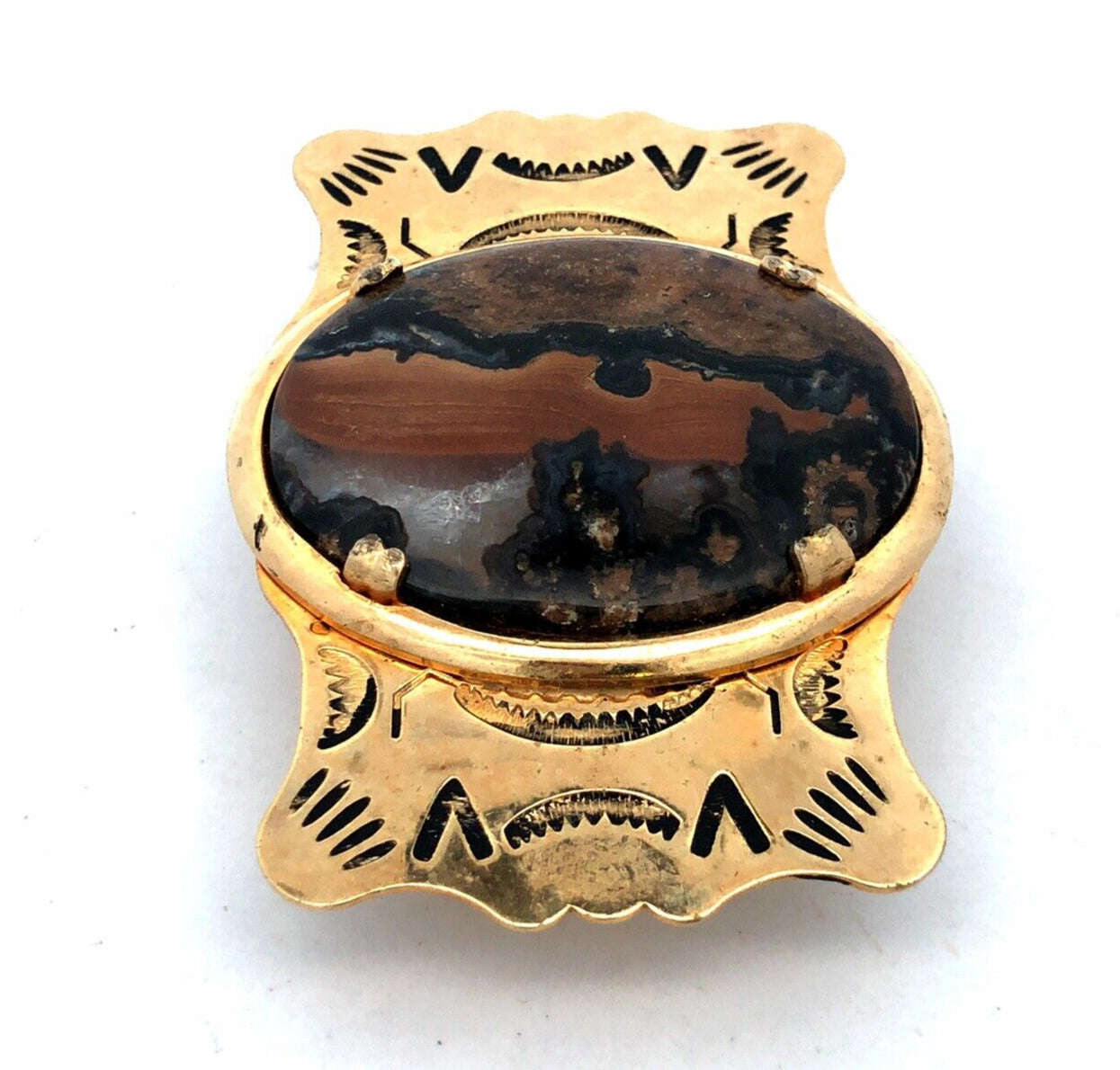Retro Gold Tone Brass Southwestern Etched Oval Volcanic Stone Unisex Belt Buckle