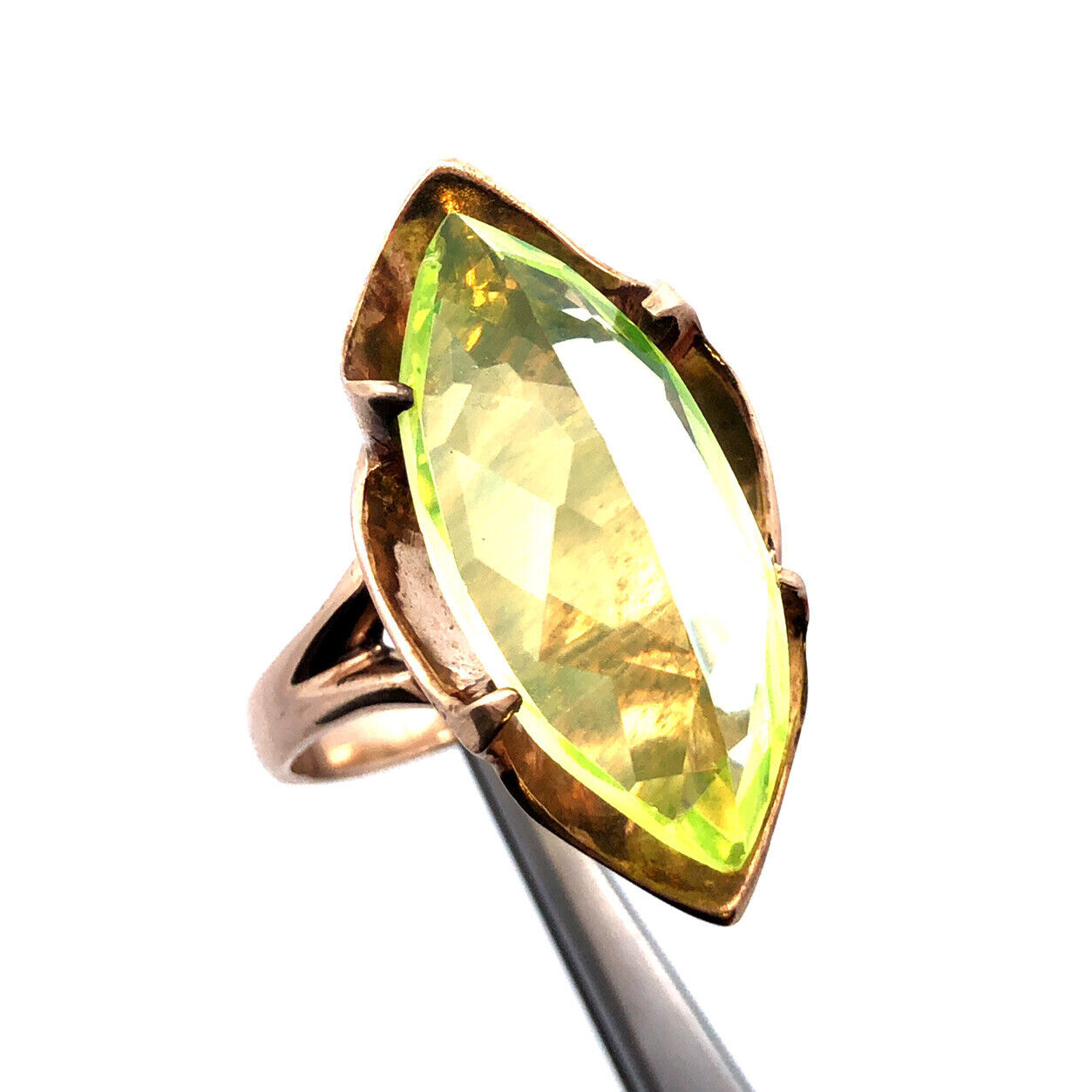 Vintage Custom 14K Yellow Gold Cushion Marquise Green Peridot Statement Ring