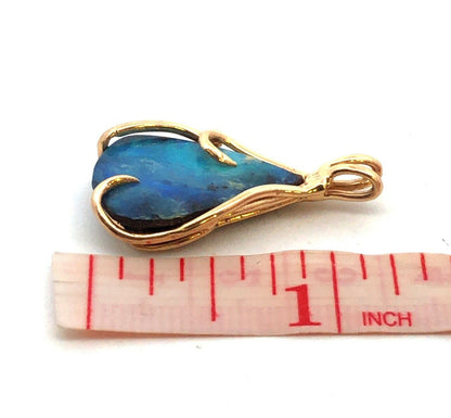 Estate 14K Yellow Gold Teardrop Blue Opal Wire Wrapped Modernist Pendant