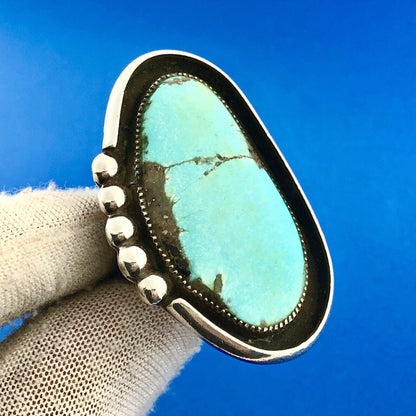 Mid Century Signed Dated Native American Sterling Silver Turquoise Finger Ring