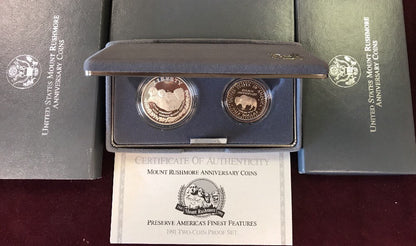 1991 S Mount Rushmore Anniversary 2 Coin 90% Silver Clad Proof Set OGP/COA