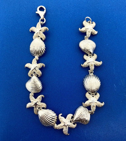 Designer Sterling Silver 925 Sea Shell Star Fish Ocean Panel Link Bracelet