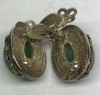 Vintage Artisan Sterling Silver Jade Cloisonne Filigree Statement Clip Earrings