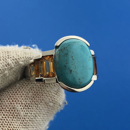 Stunning Sterling Silver 925 Oval Turquoise Cut Baguette Citrine Ring Size 6