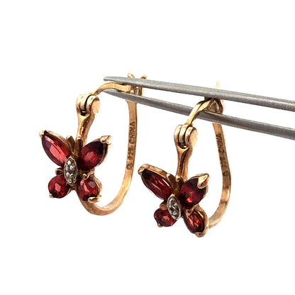 Designer 925 Sterling Silver Vermeil Garnet Diamond Butterfly Hoop Earrings