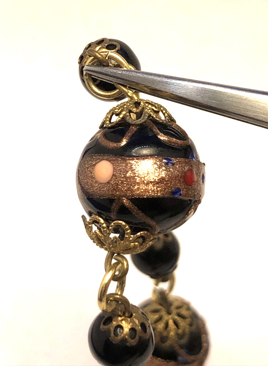 Vintage Murano Venetian Copper Cobalt Glass Bead Gold-Tone Statement Necklace