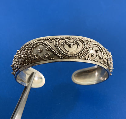 Designer 925 Sterling Silver Balinese Bead And Scroll Work Open Cuff Bracelet