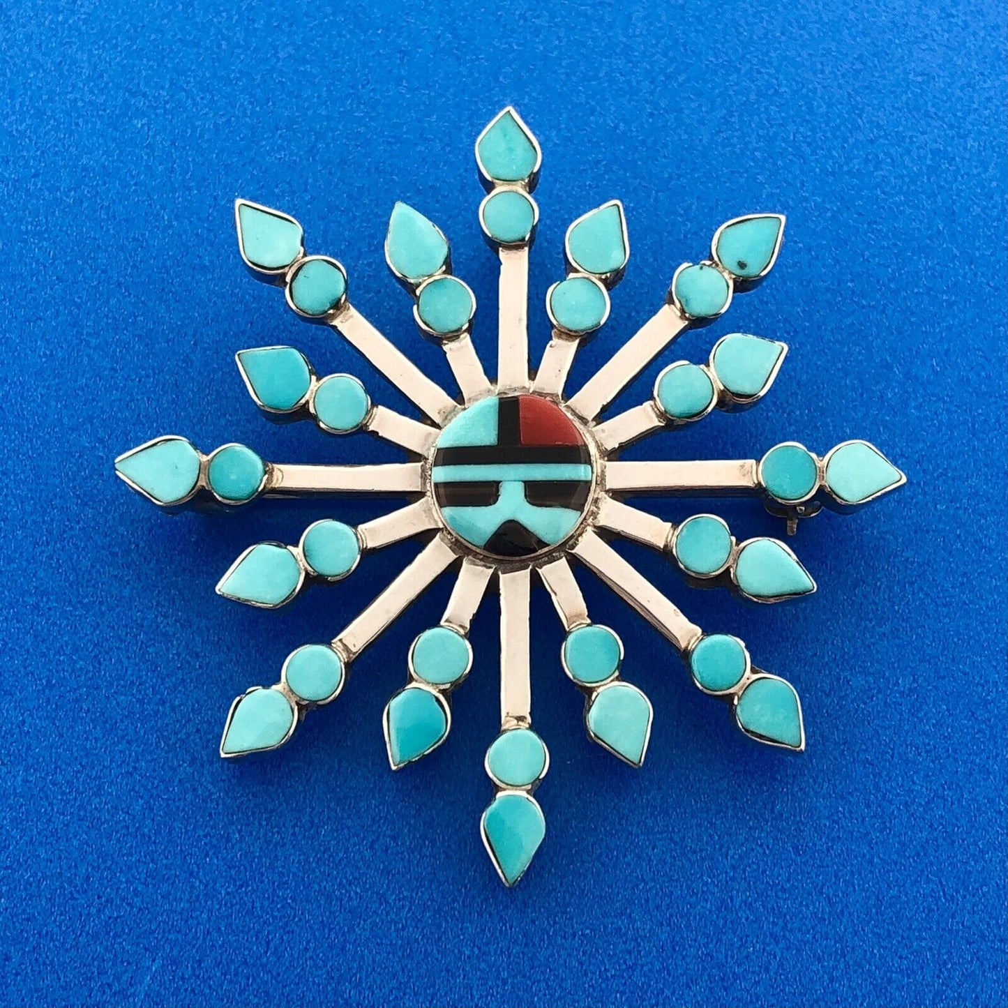 Zuni Designer Vera Halusewa Sterling Silver 925 Turquoise Star Brooch Pendant