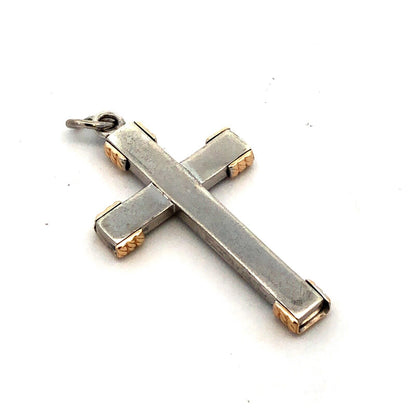 925 Sterling Silver 14K Yellow Gold Modernist Religious Cross Pendant