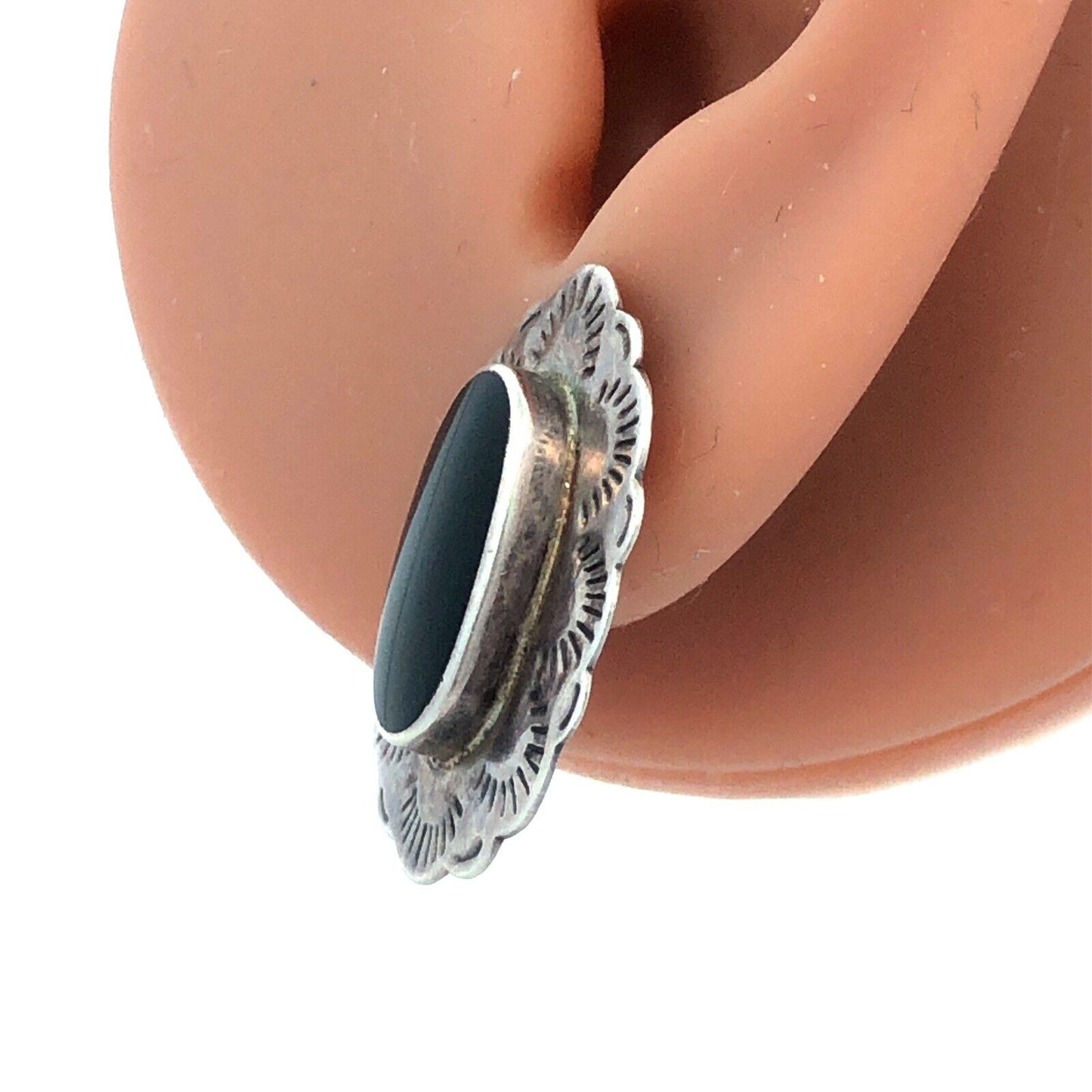 Native American Marked 925 Sterling Silver Oval Black Onyx Concho Stud Earrings