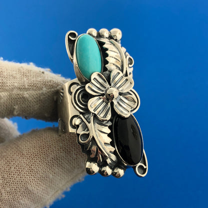 Sterling Silver 925 CII Mexico Cabochon Onyx Turquoise Finger Ring Size 9.75