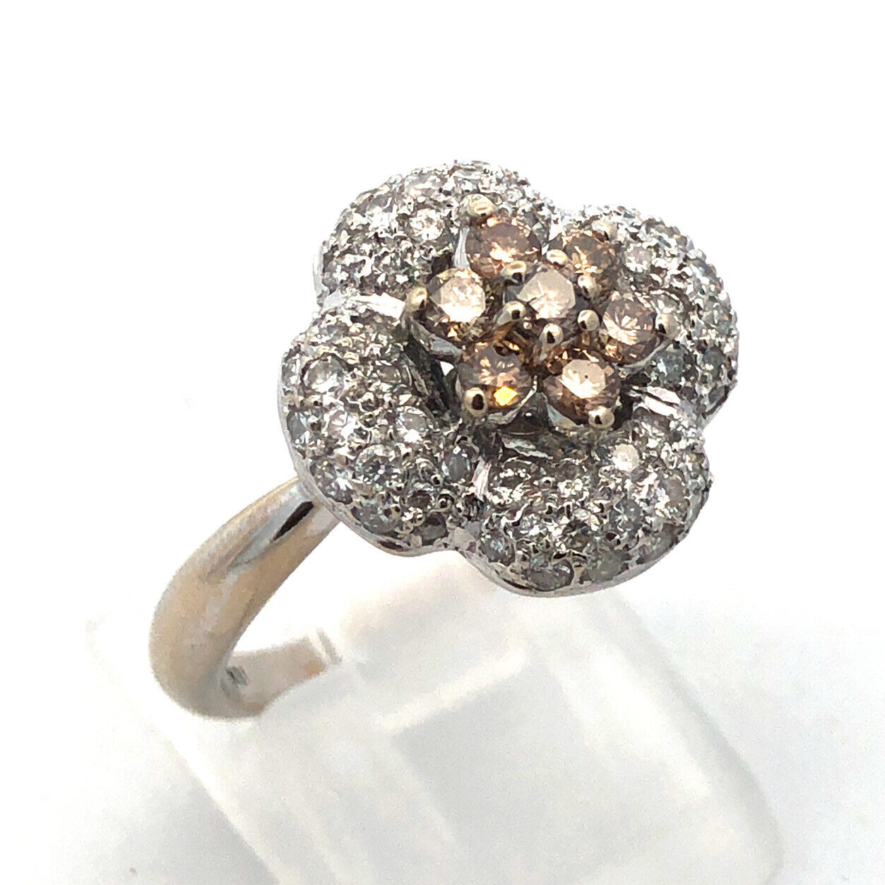 Designer 18K White Gold Champagne White Diamond Flower Statement Cocktail Ring