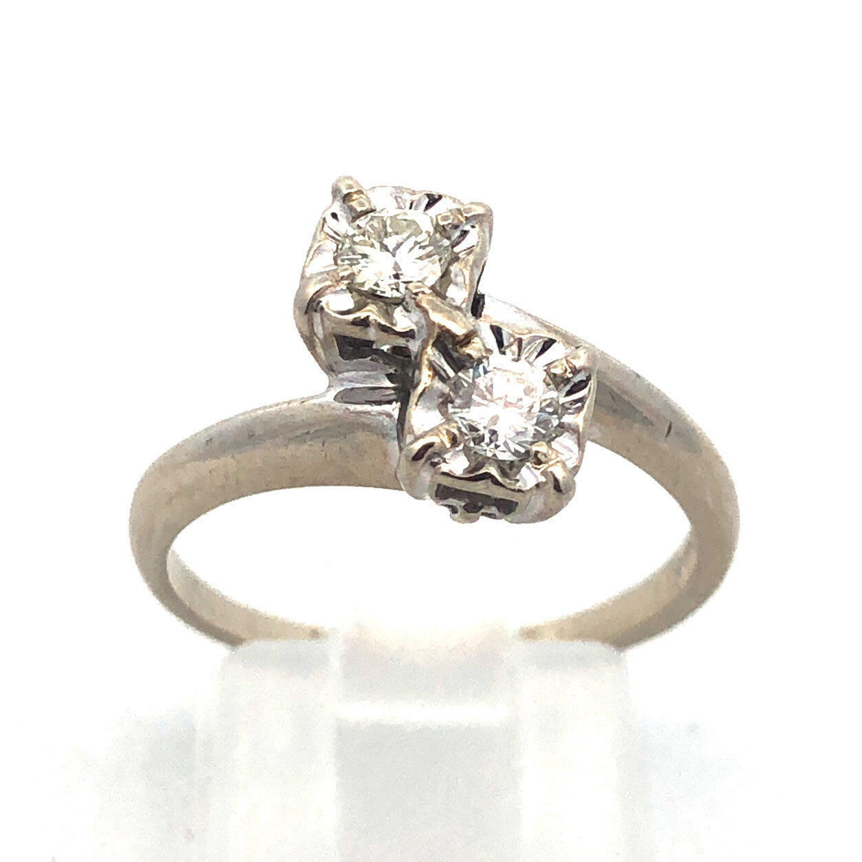 Vintage 14K White Gold Diamond Duo Buttercup Bypass Engagement Bridal Ring