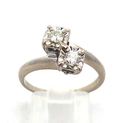 Vintage 14K White Gold Diamond Duo Buttercup Bypass Engagement Bridal Ring