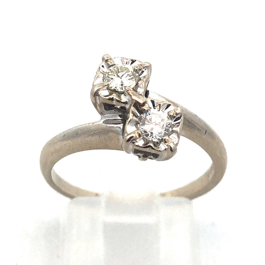 Vintage 14K White Gold Diamond Duo Buttercup Bypass Engagement Bridal Ring