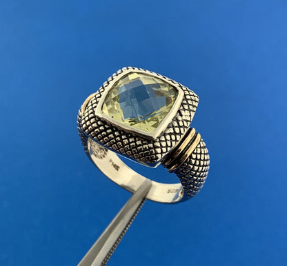 Designer 925 Sterling Silver 14K Gold Cushion Lemon Quartz Square Top Ring
