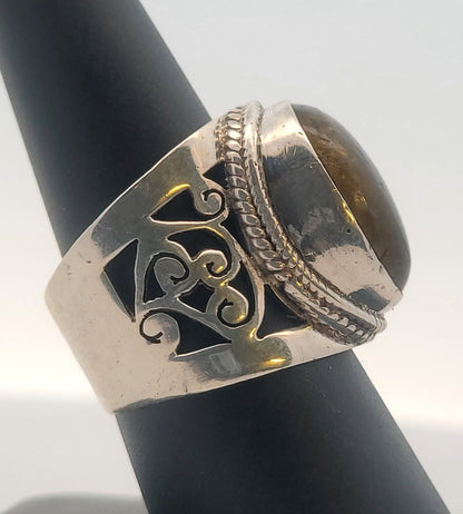 925 Sterling Silver Oval Labradorite Cabochon Statement Open Scroll Ring