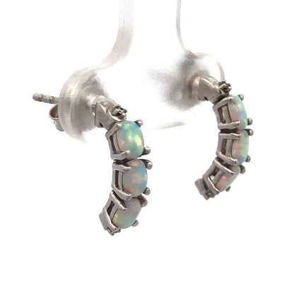 Designer 925 Sterling Silver Oval Opal Cubic Zirconia Half Hoop Stud Earrings