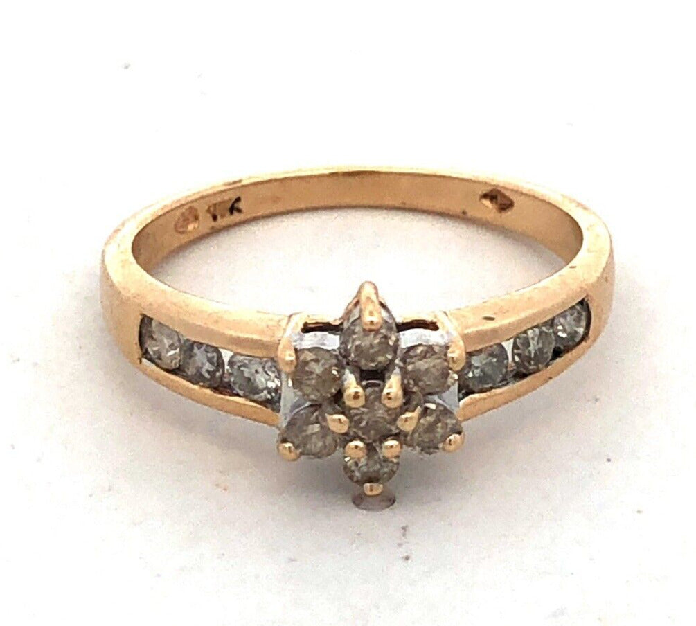 Designer 10K Yellow Gold Round Diamond Flower Anniversary Promise Ring