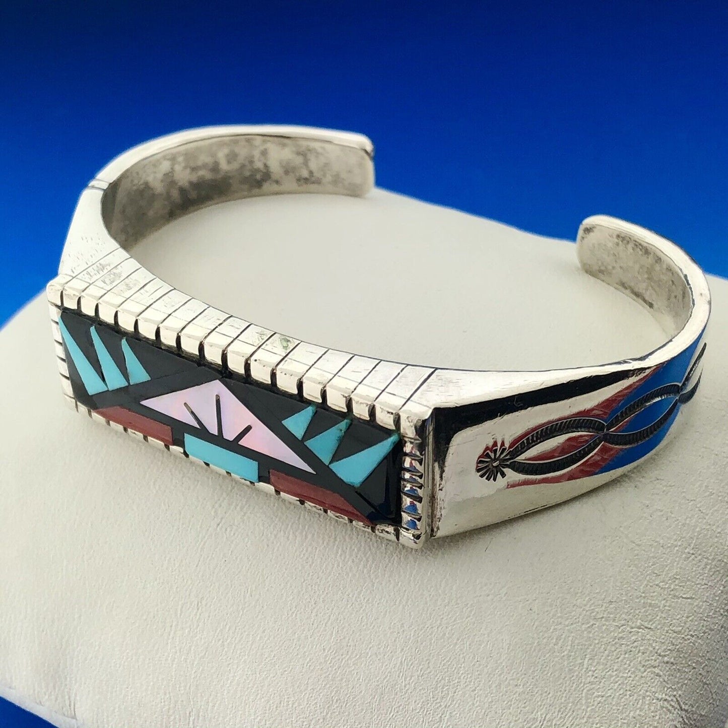 Rare Kee Montoya Navajo Sterling Silver Multi Gem Inlay Statement Cuff Bracelet