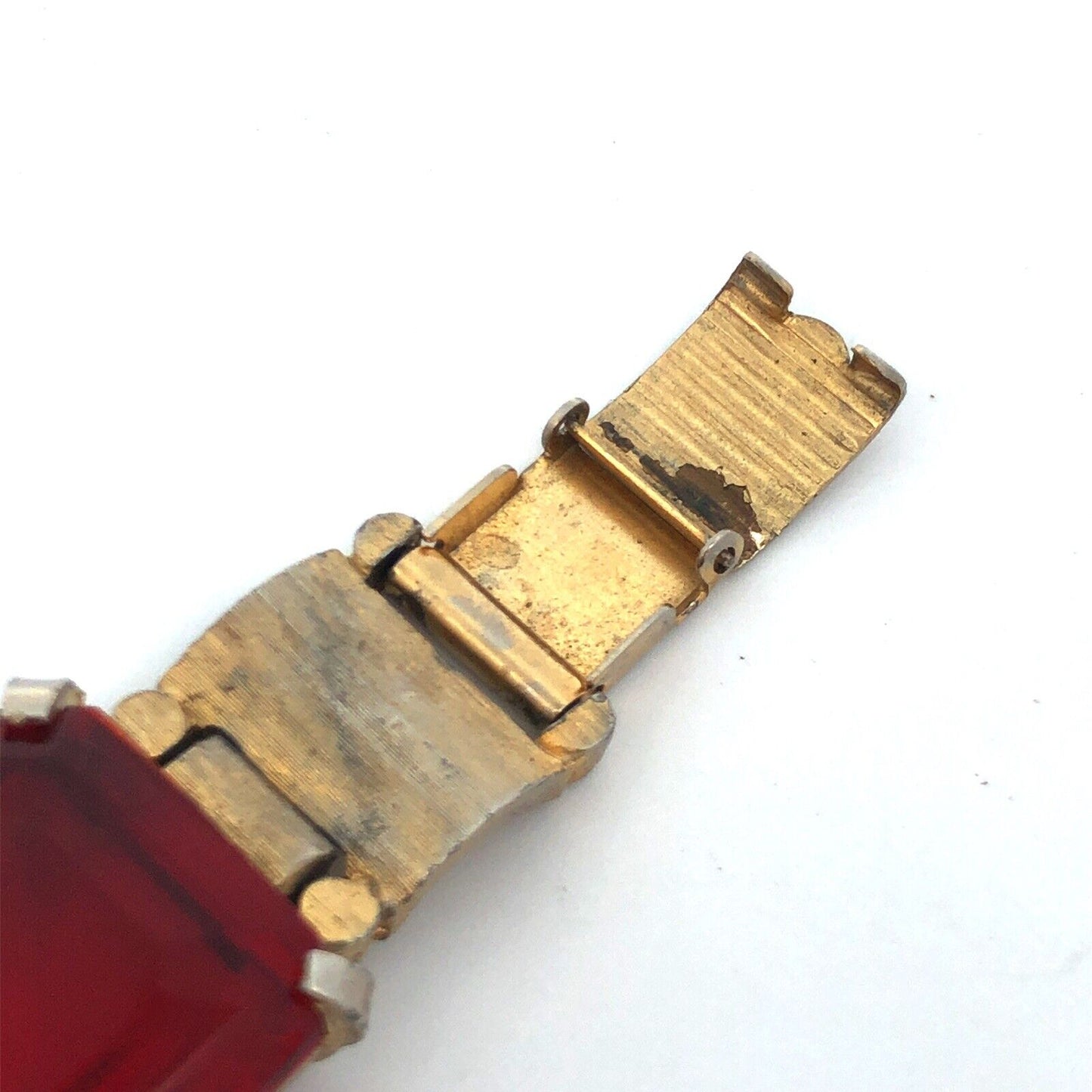 Chunky Funky 70's Runway Couture Gold Tone Square Red Glass Modernist Bracelet