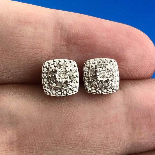 Estate 925 Sterling Silver Diamond Cluster Tiered Square Stud Earrings