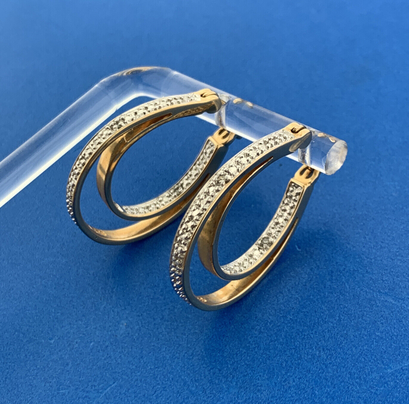 Designer Vermeil Sterling Silver 925 Round 4 Diamond Twin Oval Hoop Earrings