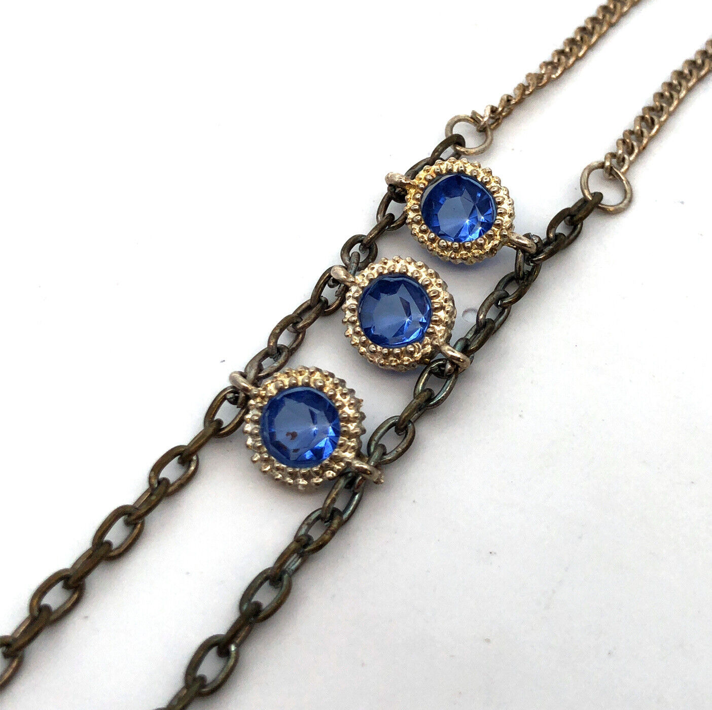 Estate Silver Tone Round Blue Faceted Glass Bohemian Style Statement Necklace