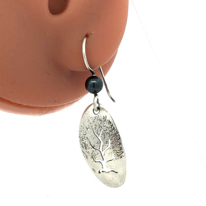 Native American Picto 925 Sterling Silver Hematite Tree Of Life Dangle Earrings
