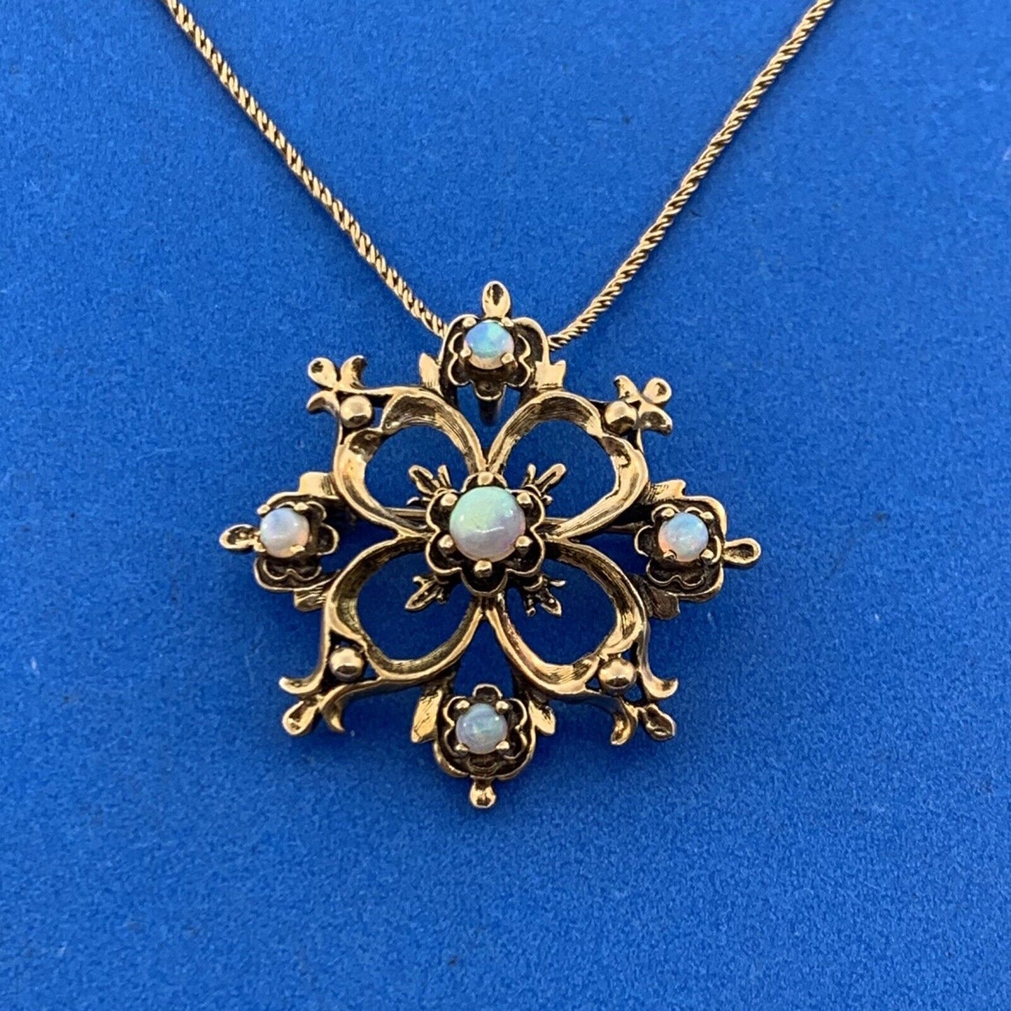 14K 18K Yellow Gold Opal Floral Starburst Vintage Pin Brooch Pendant Necklace