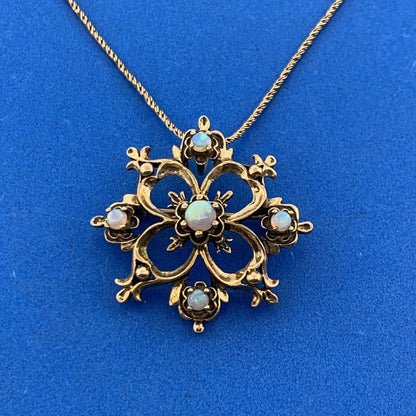 14K 18K Yellow Gold Opal Floral Starburst Vintage Pin Brooch Pendant Necklace