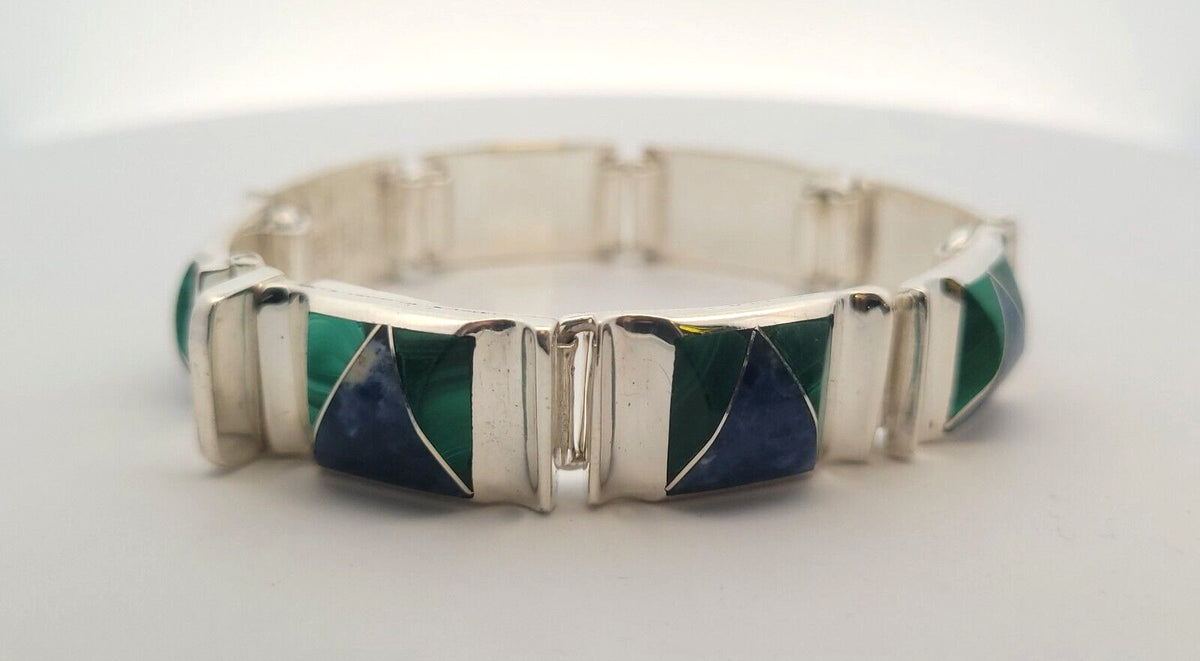Oscar Figueroa Escorcia Taxco Silver 950 Lapis Malachite Panel Bracelet