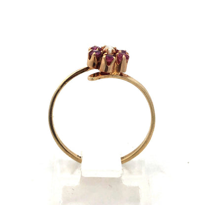 Vintage 14K Yellow Gold Ruby Pearl Flower Cluster July Sweetheart Bypass Ring