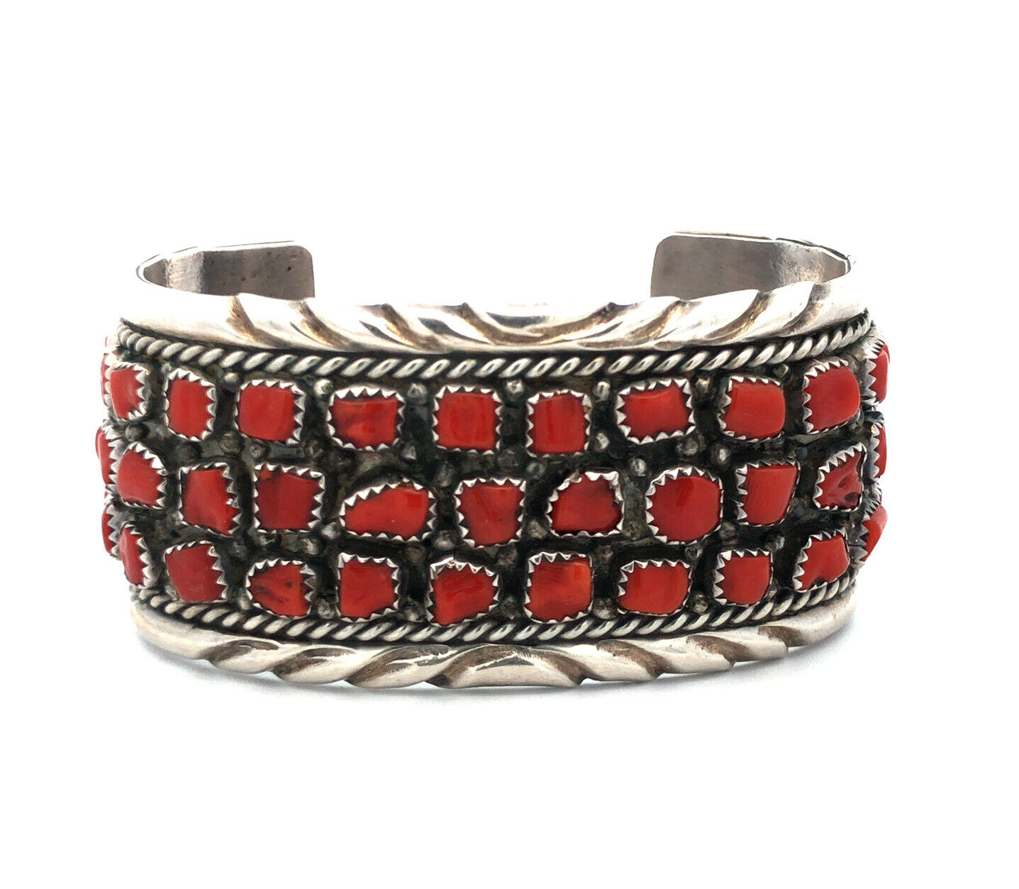 Melvin Chee Navajo 925 Sterling Silver Red Coral Statement Open Cuff Bracelet