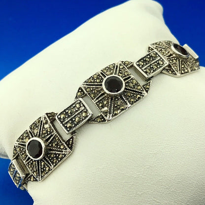 Stunning Sterling Silver 925 Garnet Marcasite Panel Link 6.75" Tennis Bracelet