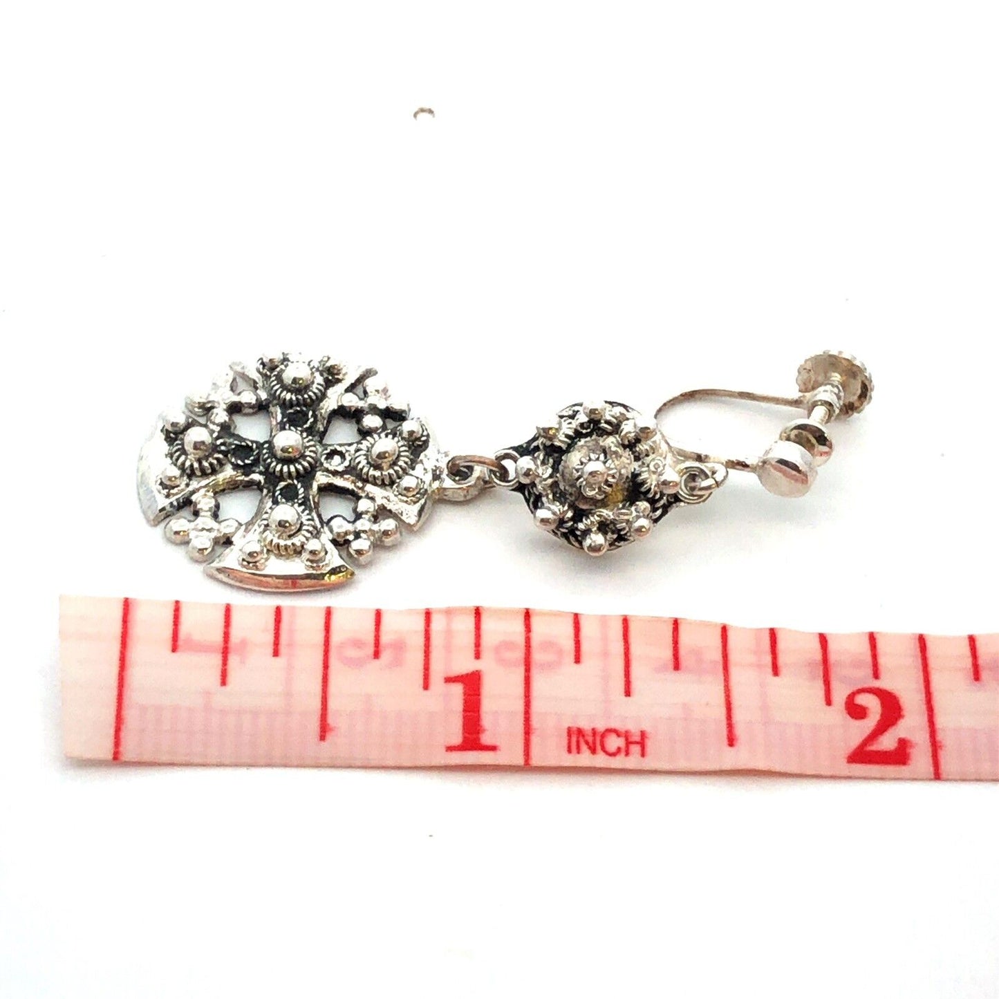 Vintage 900 Fine Silver Jerusalem Cross Detailed Clip On Dangle Earrings