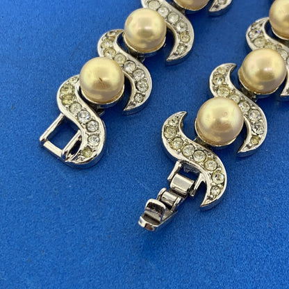 1955 Crown Trifari Silver Tone Faux Pearl & Rhinestone Statement Bracelet