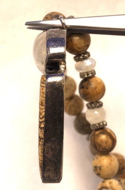 Modernist 925 Sterling Silver Brown Jasper Moonstone Pendant Statement Necklace