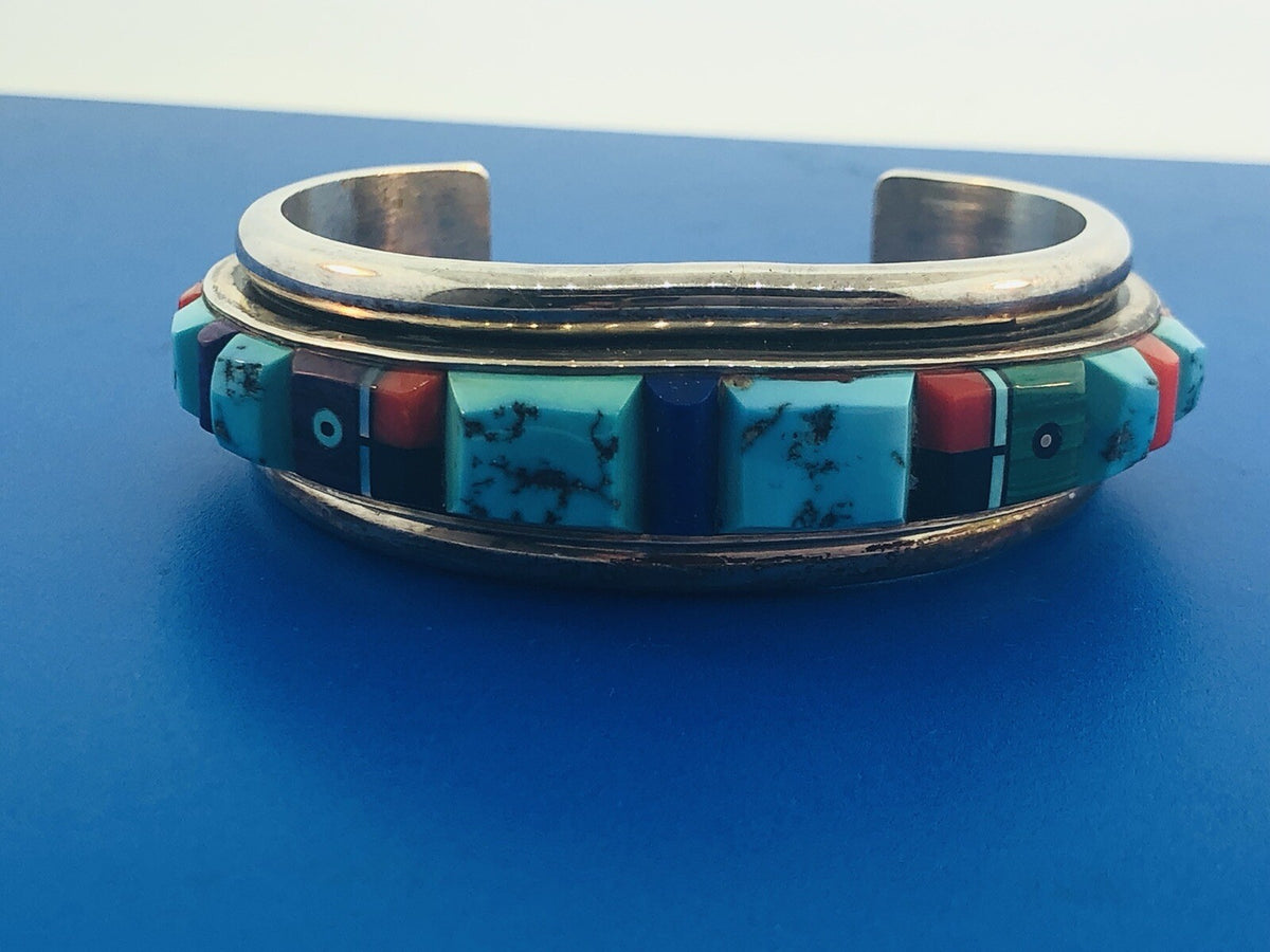 Native American 925 Sterling Silver Turquoise Multi Gem Cuff Bracelet Ronnie