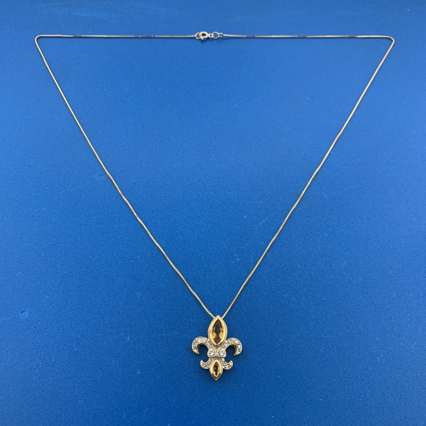 Vintage 14K Yellow White Citrine Diamond Fleur De Lis November Pendant Necklace