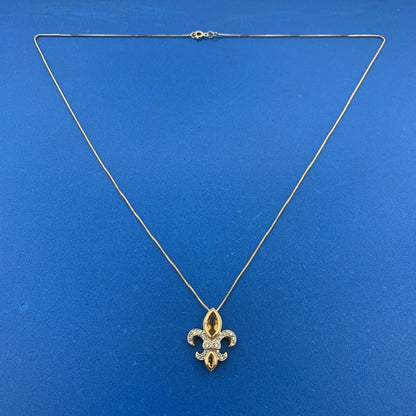 Vintage 14K Yellow White Citrine Diamond Fleur De Lis November Pendant Necklace