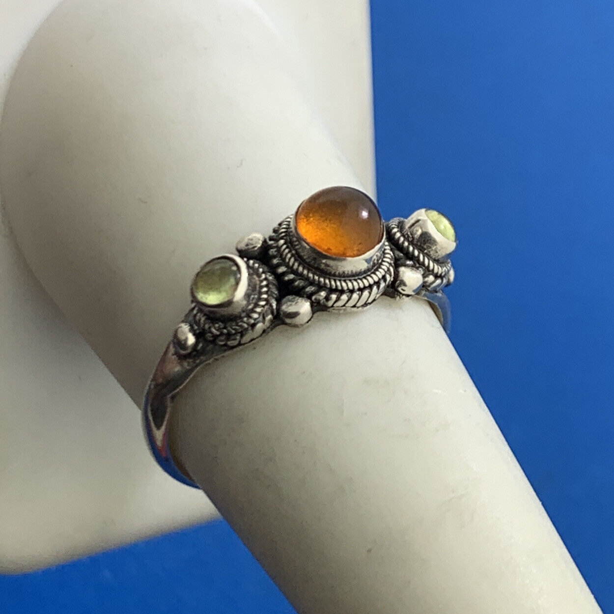 Estate 925 Sterling Silver Amber Peridot Accented Balinese Style Size 8 Ring