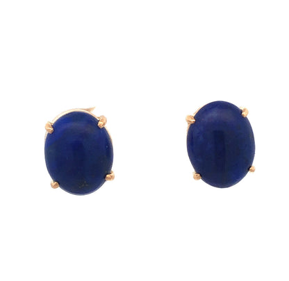 14K Yellow Gold Oval Cabochon Blue Lapis Lazuli Solitaire Stud Earrings