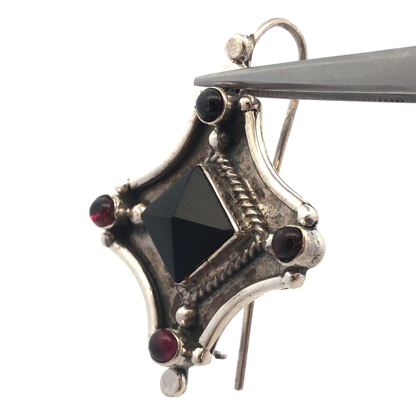 Vintage 925 Sterling Silver Black Onyx Amethyst Hook Statement Dangle Earrings