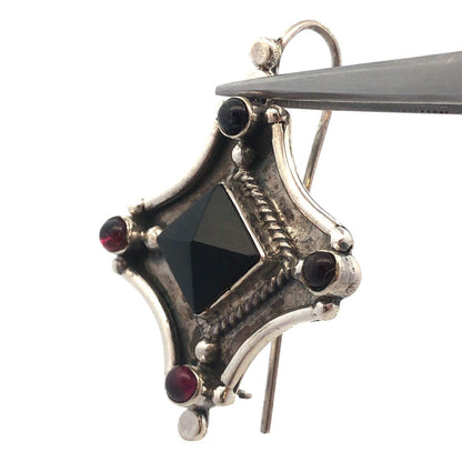 Vintage 925 Sterling Silver Black Onyx Amethyst Hook Statement Dangle Earrings