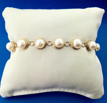 Vintage Elegant 14K Yellow Gold Pearl June Wedding Panel Link Bracelet