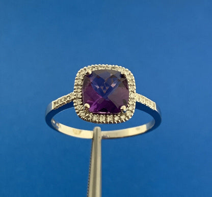 Designer 14K White Gold Cushion Cut Amethyst Diamomd Halo Accented Ring