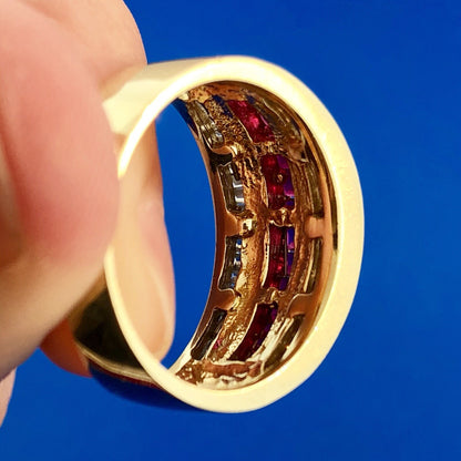 Vintage SRT 14K Yellow White Gold Diamond Ruby Channel Set Tapered Band Ring