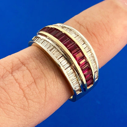 Vintage SRT 14K Yellow White Gold Diamond Ruby Channel Set Tapered Band Ring