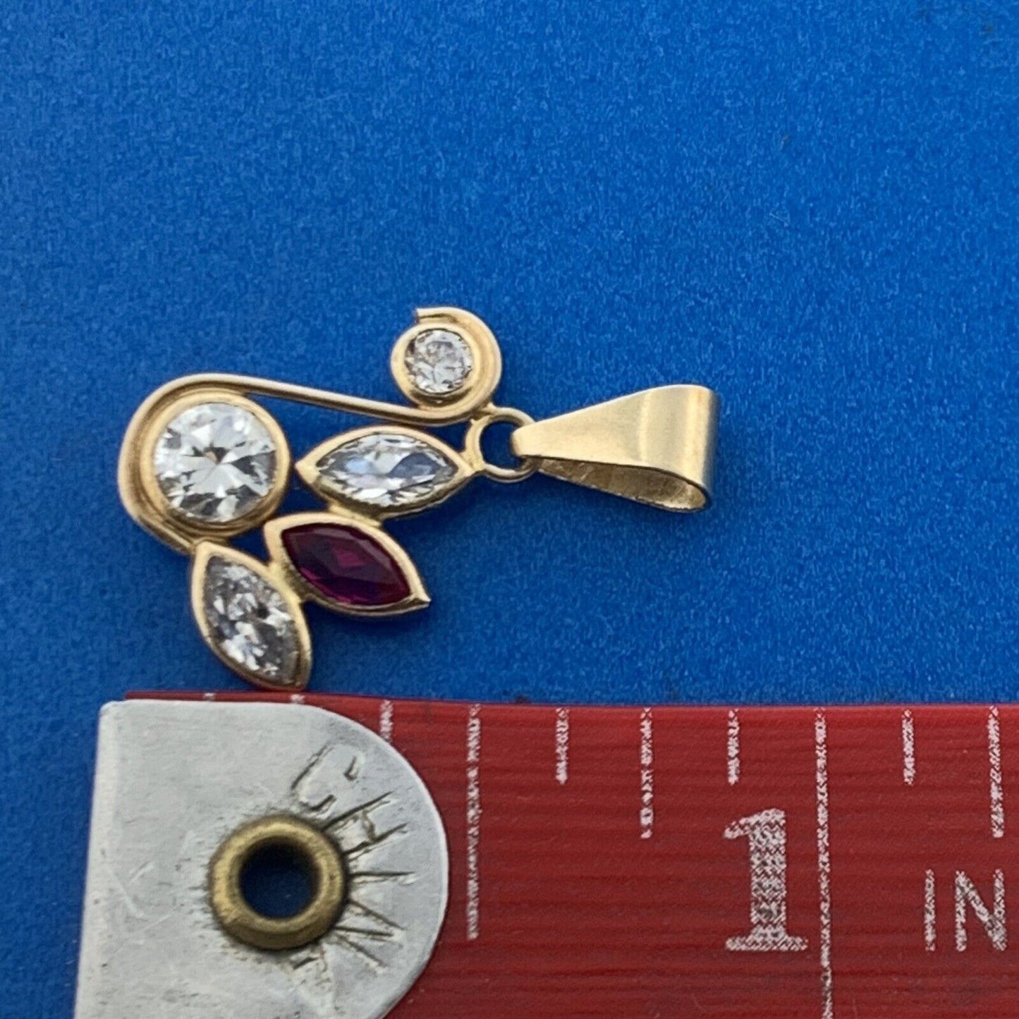 Vintage Mexico 10K Yellow Gold Ruby White Topaz Modernist Floral Dangle Pendant